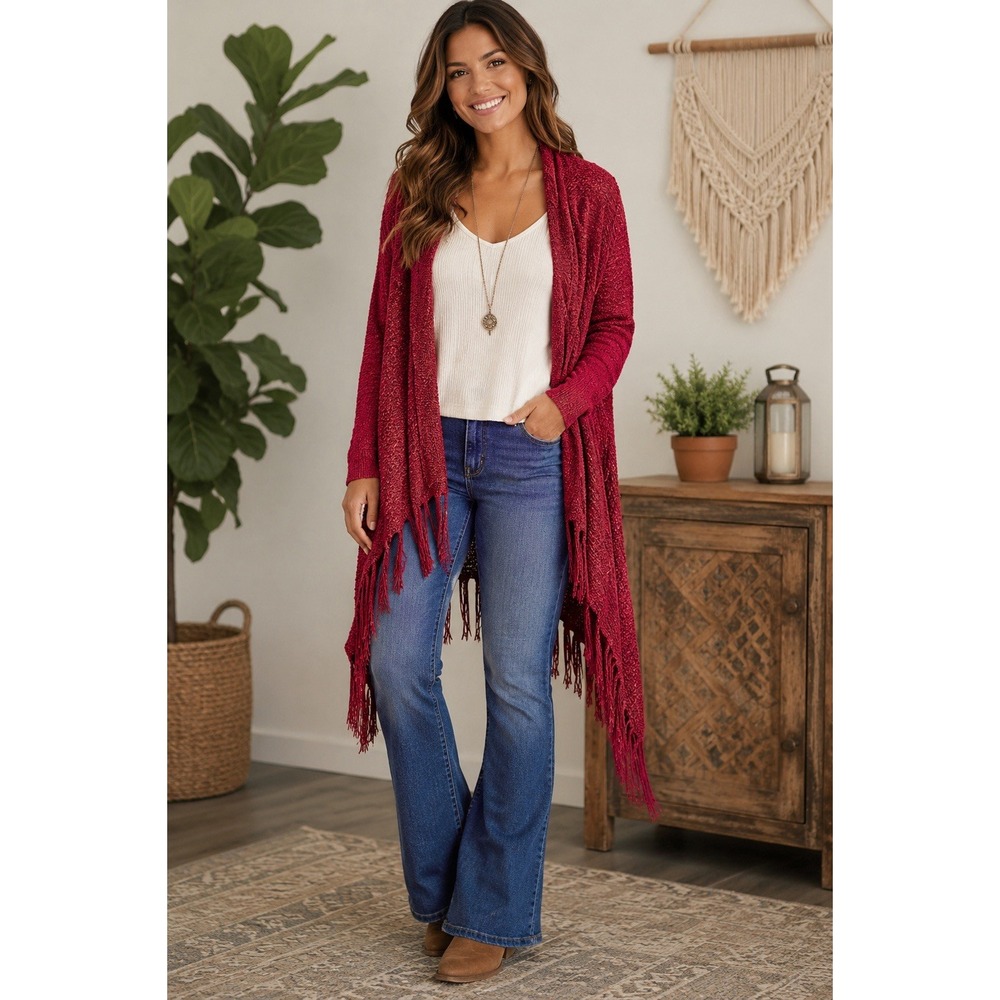 Listicle Cardigan Womens M Red Mohair Fringe Open Front Asymmetrical Boho